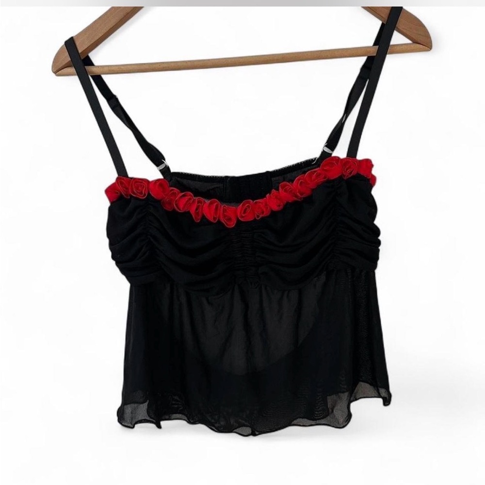 Black Spaghetti Strap Camisole with Red Rosette Trim